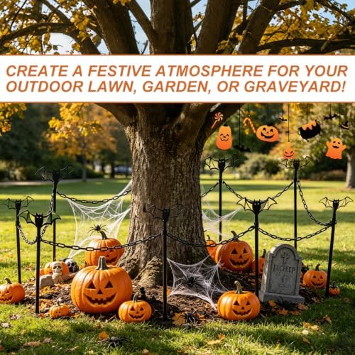 8 Sets Metal Halloween Fence for Outdoor Garden, 23.6in Halloween Graveyard Fences Bat Garden Fence with Connecting Chains Weatherproof Spooky Cemetery Decor for Outdoor Graveyard Pathway Party Scene - Image 5