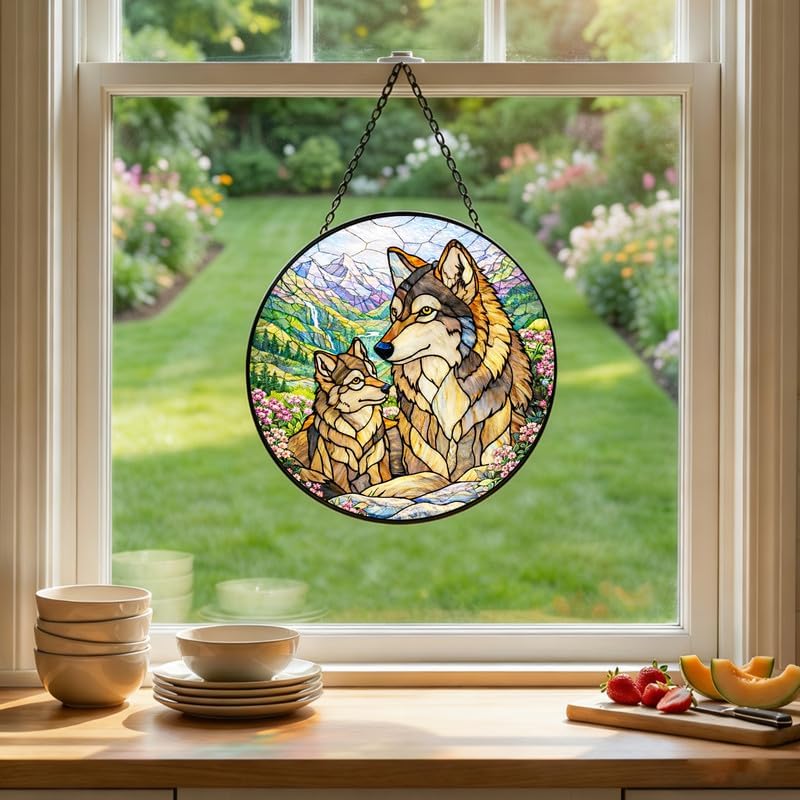 Stained Glass Window Hanging Suncatcher 11.8 in Wolf Family Colorful Glass Panel Sun Catcher for Window,Nature Mountain Landscape Window Hanging Decor for Home,Housewarming Gift - Image 4
