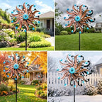 360°Solar Wind Spinners for Yard and Garden - Outdoor Metal Wind Sculptures & Spinners, Vintage Copper Blue Kinetic Art with Solar Powered LED Multi-Color Glass Ball Lights for Patio, Lawn Decor - Image 4