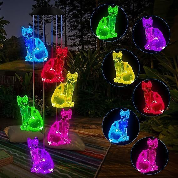 Hummingbird Solar Wind Chimes for Outside - Color Changing LED Outdoor Solar Lights Waterproof Windchimes, Home Garden Patio Yard Porch Decoration (Cat) by WCLC