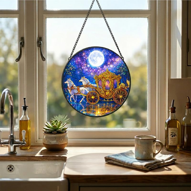 Stained Glass Window Hanging - 11.8" Moonlit Carriage Suncatcher Glass Panel, Home Decorative Hanging Ornament for Kitchen or Garden, Ideal Gift for Mother, Wife or Women - Image 4