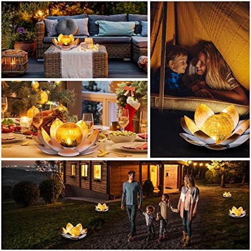 AIINY Garden Solar Lights Outdoor(2Pack), Amber Crackle Globe Glass Lotus Decoration, Waterproof Orange Metal LED Flower Lights for Patio,Lawn,Walkway,Tabletop,Ground, Garden Gifts for Women - Image 6