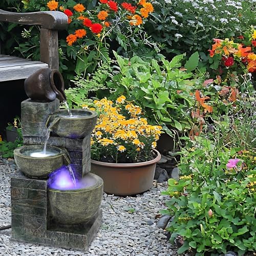 cdar 4-Tiers Outdoor Garden Water Fountain, Cascading Bowls and Stacked Stones Outdoor Water Fountain, Outside Patio Water Features Fountain with LED Light and Atomizer Warm Light - Image 2
