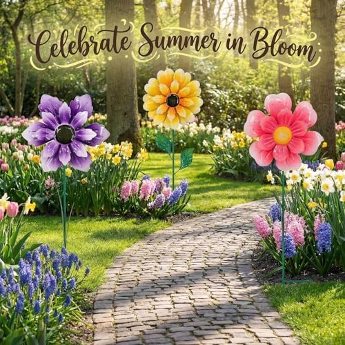 3pcs 18inch Metal Flower Decorative Garden Stakes & Wind Spinner for Outdoor, Colorful Yard Art Garden Decorations for Outside Lawn Porch Pathway Patio. - Image 5