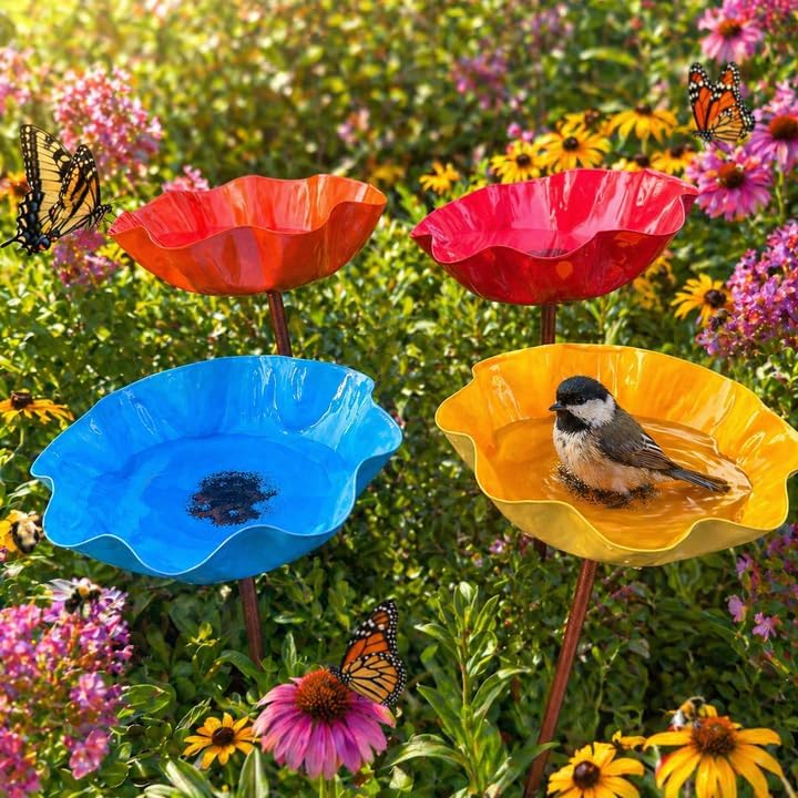 Handmade Metal Flower Garden Stake with Bee Bath & Bird Water Bowl, Weather-Resistant Butterfly Pollinator Watering Station, Decorative Outdoor Yard Art, Garden Decor Gift (4PCS（E）) by JNTGVINE