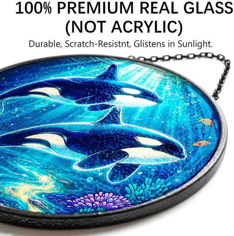 Stained Glass Window Hanging - 11.8" Orca Whale Ocean Scene Suncatcher Glass Panel, Home Decorative Hanging Ornament for Kitchen or Garden, Ideal Gift for Mother, Wife or Women - Image 2