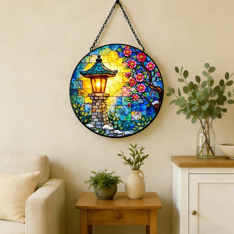 Stained Glass Window Hanging Suncatcher 11.8 in Sakura Lantern Colorful Glass Panel Sun Catcher for Window,Floral Garden Light Window Hanging Decor for Home,Housewarming Gift - Image 5