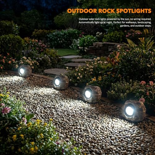 Solar Rock Lights Outdoor – 4 Pack Waterproof LED Landscape Garden Spotlights, Realistic Stone Design, Wireless Solar Powered Pathway Lights for Yard, Walkway, Patio & Lawn Decoration (Auto On/Off) - Image 6