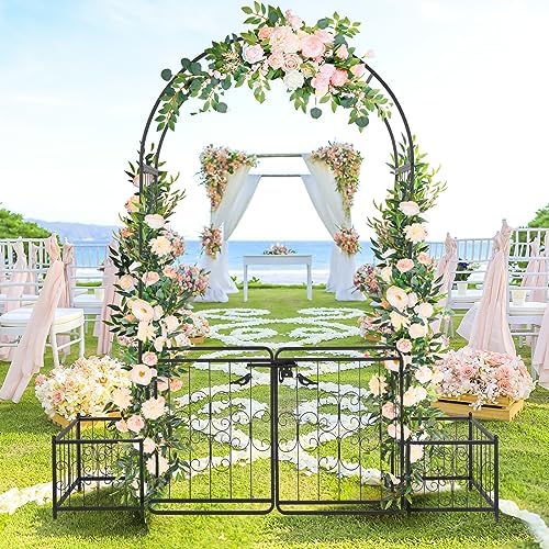 Garden Arbor with Gate and Planter, 7FT Wedding Arches for Ceremony, Metal Arbor Trellis for Climbing Plants Outdoor, Black Garden Archway for Lawn, Patio and Backyard, Includes Ground Stakes by Unknown