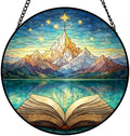 Stained Glass Window Hanging Suncatcher 9.8 Inch Aurora Mountain and Open Book Colorful Glass Panel Sun Catcher for Window， Window Hanging Decor for Home， Housewarming Gift by Unknown