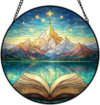 Stained Glass Window Hanging Suncatcher 9.8 Inch Aurora Mountain and Open Book Colorful Glass Panel Sun Catcher for Window， Window Hanging Decor for Home， Housewarming Gift by Unknown