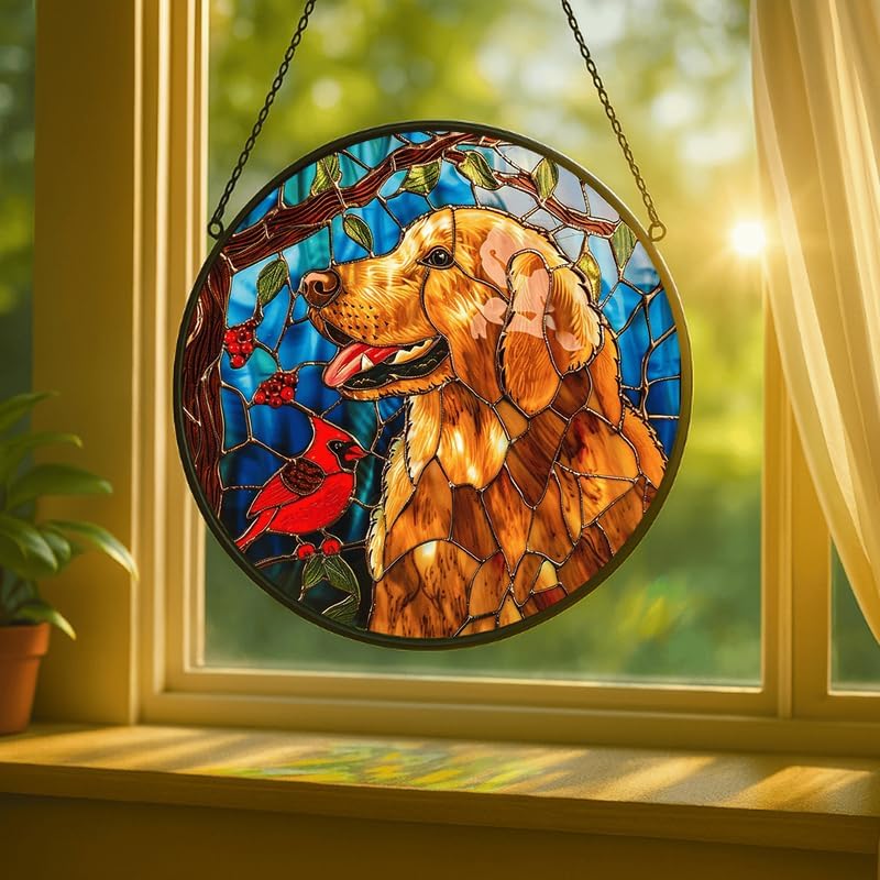 Stained Glass Window Hanging - Golden Retriever & Cardinal Bird 11.8in Sun Catchers Indoor Stained Glass Panels Wall Decor for Mom, Wife, Lovers, Festive - Image 2