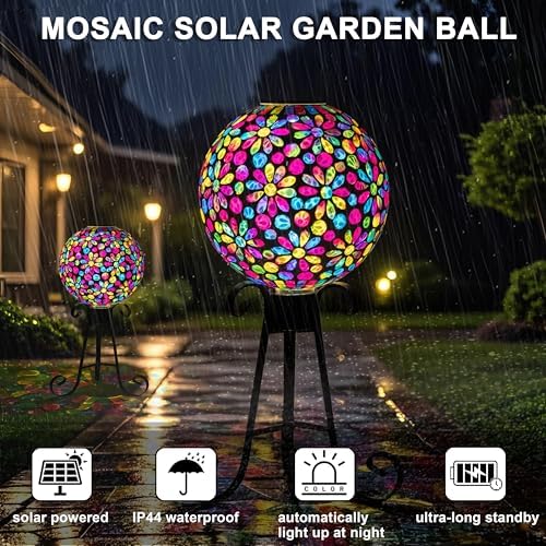 VOREEN Solar Gazing Ball, 10" Mosaic Glass Gazing Globe with Solar Light, Handmade Outdoor Patio Lawn Garden Decor Sphere, Colorful Daisy Design - Image 5
