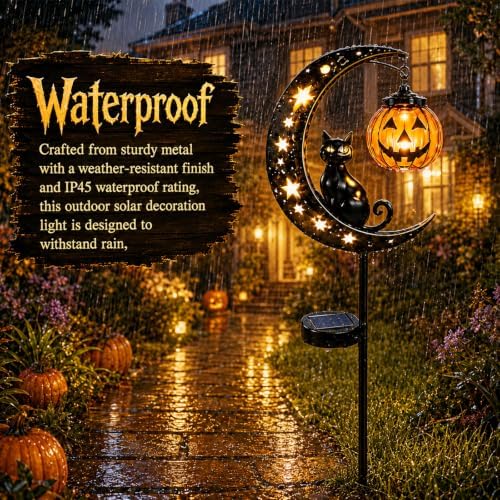 Solar Halloween Black Cat & Pumpkin Moon Garden Stake Light, with Hanging Pumpkin Lantern, Outdoor Halloween Decorations Yard Decor Lights for Garden, Patio, Lawn, Walkway, Porch(Style-A) - Image 6