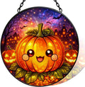 Stained Glass Window Hanging - 11.8" Pumpkin Halloween Suncatcher Glass Panel, Cute Smiling Jack-O'-Lantern Decorative Hanging Ornament for Kitchen or Garden, Ideal Gift for Mother, Wife or Women by Vexila