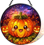 Stained Glass Window Hanging - 11.8" Pumpkin Halloween Suncatcher Glass Panel, Cute Smiling Jack-O'-Lantern Decorative Hanging Ornament for Kitchen or Garden, Ideal Gift for Mother, Wife or Women by Vexila