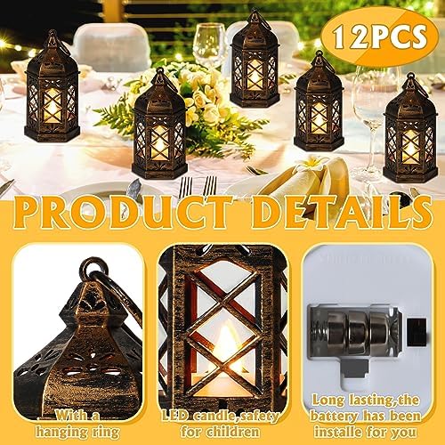 Mini Lantern Decorative, 12Pcs Small Lanterns with LED Candle, Ramadan Decorations, Hanging Vintage Moroccan Lantern Bulk for Easter Wedding Xmas Party Table Centerpiece, Brushed Brass - Image 2