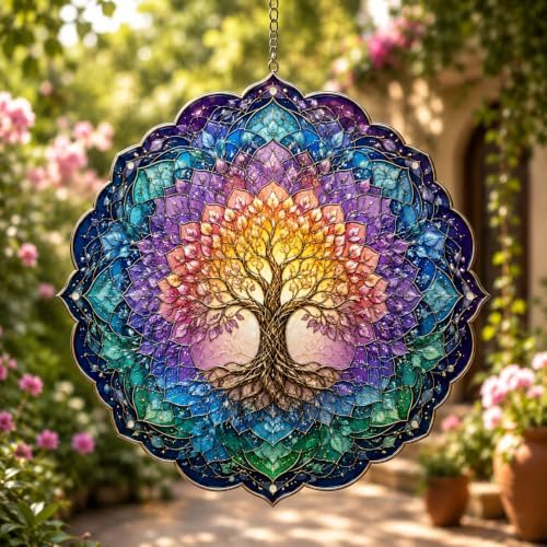 Shwing 12 Inch Wind Spinner Tree of Life Hanging Decor Colorful Spiritual Metal Ornament Outdoor Kinetic Garden Art 3D Wind Spinner for Patio Porch Balcony Backyard Meditation Decoration - Image 7