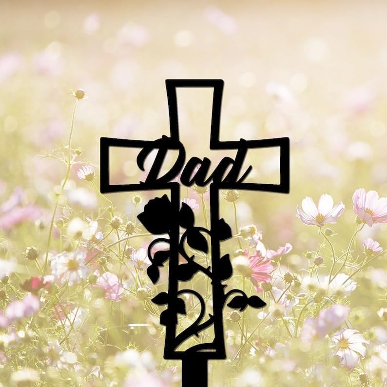 DINOMAN Personalized Memorial Plaques for Outdoors Rose Cross Grave Marker Metal Garden Stakes Mom Dad Memorial Gifts Sympathy Gifts for Loss of Loved One (Rose) - Image 4