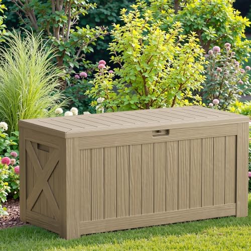 JUMMICO 120 Gallon Resin Deck Box, Large Outdoor Storage Box Waterproof & Lockable for Garden, Patio, Pools (Light Brown) - Image 7