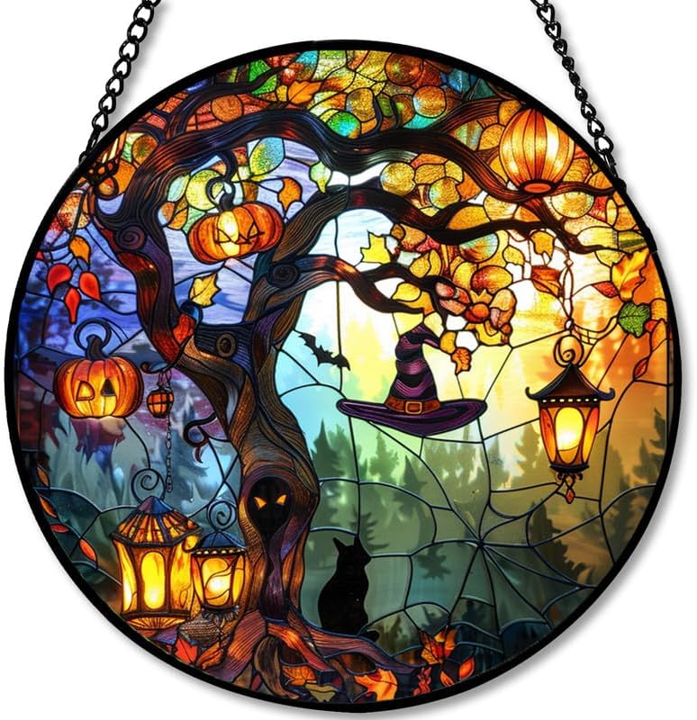 Stained Glass Window Hanging - 11.8in Pumpkin Lanterns and Black Cat Under Magic Tree with Witch Hat Sun Catchers Panel for Indoor Decorative Display for Mom, Wife, Lovers, Festive by PPANGI