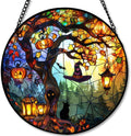 Stained Glass Window Hanging - 11.8in Pumpkin Lanterns and Black Cat Under Magic Tree with Witch Hat Sun Catchers Panel for Indoor Decorative Display for Mom, Wife, Lovers, Festive by PPANGI