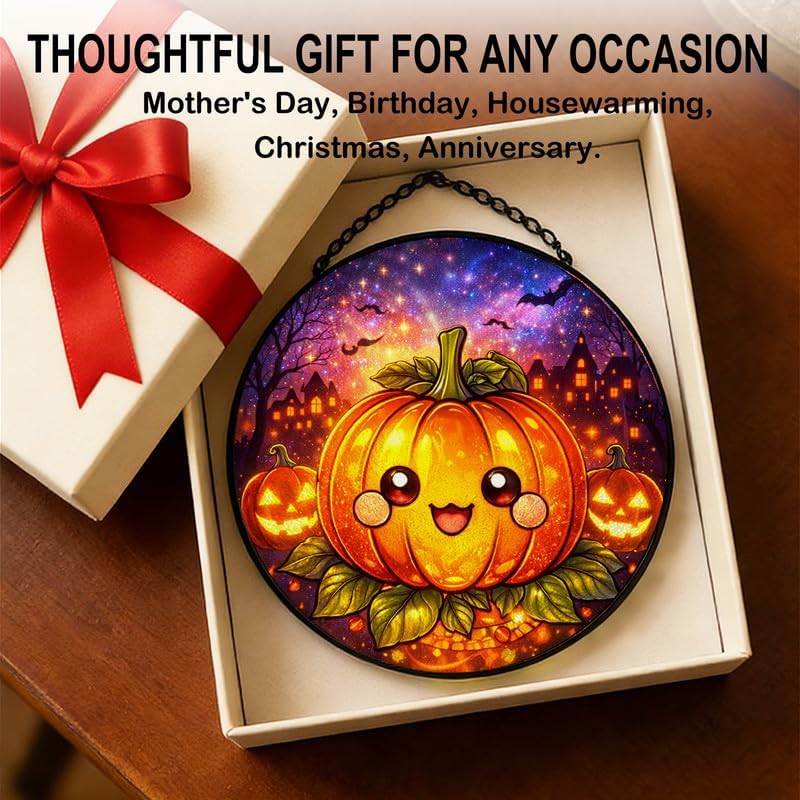 Stained Glass Window Hanging - 11.8" Pumpkin Halloween Suncatcher Glass Panel, Cute Smiling Jack-O'-Lantern Decorative Hanging Ornament for Kitchen or Garden, Ideal Gift for Mother, Wife or Women - Image 7