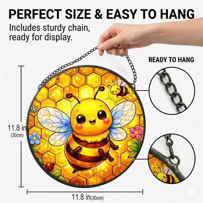 Stained Glass Window Hanging - 11.8" Cute Honey Bee and Honeycomb Suncatcher Glass Panel, Home Decorative Hanging Ornament for Kitchen or Garden, Ideal Gift for Mother, Wife or Women - Image 3