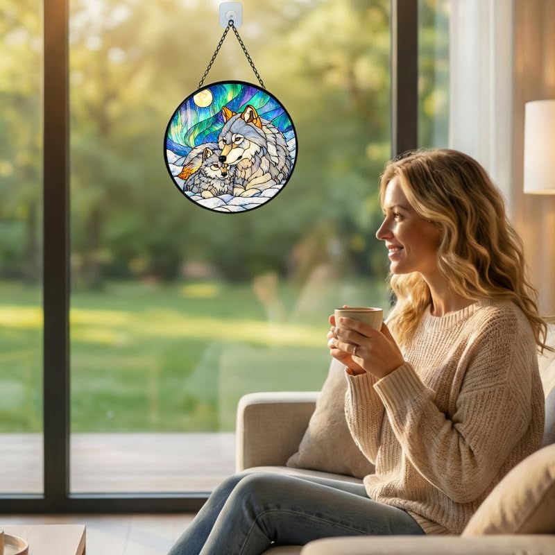 Stained Glass Window Hanging Suncatcher 11.8 in Wolf Family Aurora Scene Colorful Glass Panel Sun Catcher for Window,Window Hanging Decor for Home,Housewarming Gift - Image 3