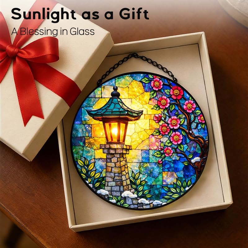 Stained Glass Window Hanging Suncatcher 11.8 in Sakura Lantern Colorful Glass Panel Sun Catcher for Window,Floral Garden Light Window Hanging Decor for Home,Housewarming Gift - Image 7