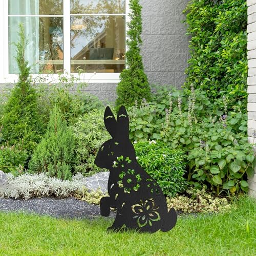 Floral Bunny Metal Garden Stake Decorative, Floral Cutout Design Silhouette Statues for Yard Art, Outside, Patio, Outdoor Decor, Garden Decorations, Lawn Ornaments - 18" Black - Image 4