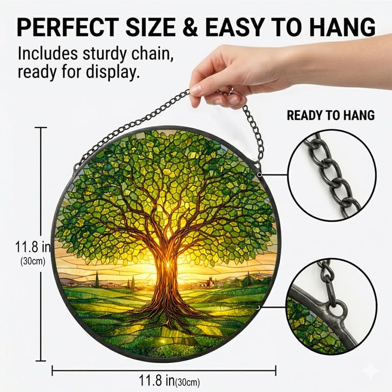 Stained Glass Window Hanging - 11.8" Tree of Life Suncatcher Glass Panel, Home Decorative Hanging Ornament for Kitchen or Garden, Ideal Gift for Mother, Wife or Women - Image 3