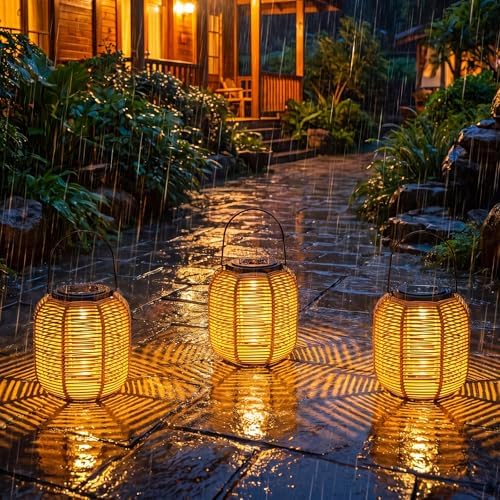 VIHOSE 6 Pack Solar Lantern Outdoor Waterproof Rattan, Round - Image 2