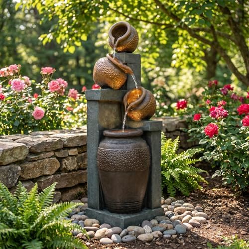 Outdoor Water Fountain 34.8", Tall 4-Tier Pot Waterfall Fountain with Warm LED Lights, Rustic Resin Cascading Water Feature, Quiet Pump for Patio Garden Porch Backyard Deck Decor by CtoSpoaTo