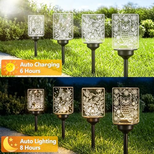 ODEETRONIC Solar Garden Lights, 4 Pack Solar Pathway Lights with Butterfly Frog Hummingbird Owl Pattern, Outdoor Landscape Lighting, Waterproof Acrylic Garden Stake Light for Yard Walkway, Warm White - Image 3