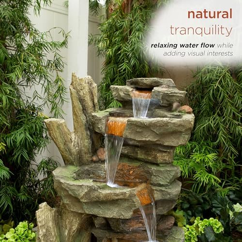 Alpine Corporation TZL292 Outdoor Floor Cascading Stone Tower Fountain, Garden Fountain with Natural Stone Look 40", Gray - Image 5