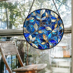Stained Glass Window Hanging - Blue Gold Abstract Flowers Suncatcher for Door Terrace Garden Home Decor, Plant Sun Catcher Birthday Gifts for Lovers Women Men Dad Mom Nana 15 in - Image 4