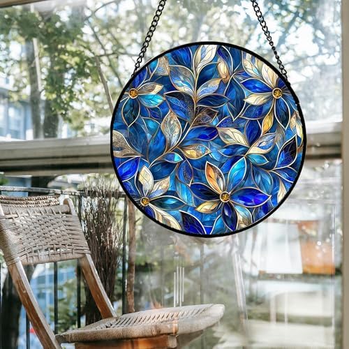 Stained Glass Window Hanging - Blue Gold Abstract Flowers Suncatcher for Door Terrace Garden Home Decor, Plant Sun Catcher Birthday Gifts for Lovers Women Men Dad Mom Nana 11.8 in - Image 4