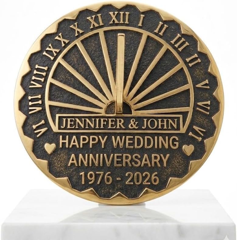 Brass Sundial Garden Clock Wedding for Couples Engraved Roman Numeral Sundial –50th Anniversary (Black Brass, 10 Inch) - Image 2