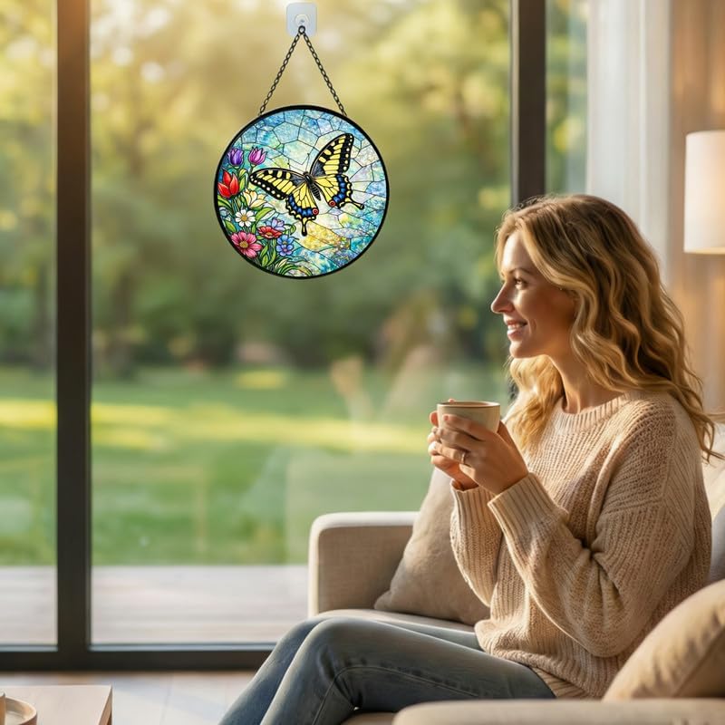 Stained Glass Window Hanging Suncatcher 11.8 in Butterfly and Wildflower Design Colorful Glass Panel Sun Catcher for Window,Window Hanging Decor for Home,Housewarming Gift - Image 3
