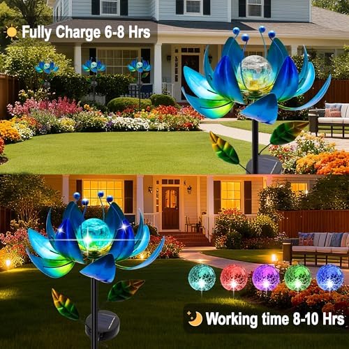 Solar Wind Spinners Outdoor, Blue Lotus Flower Garden Spinner with Cracked Glass Ball & Color-Changing LEDs, 40 Inch Metal Garden Decor for Yard, Patio Backyard Lawn Decorations - Image 2