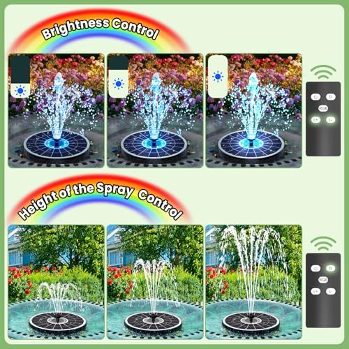 Yzert 2026 Remote Solar Powered Fountain, 6W Glass Bird Bath Fountain with 4000mAh Battery, 7 Nozzles, 4 Fixers & 8 Colorful LEDs, Adjustable Water Height for Outdoor Garden Pond Pool - Image 3