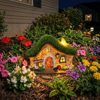 Resin Fairy House Statues with Solar Lights Outdoor for Garden Decor Funny Birds Ladybird Flocked Fairy House with Garden Figurine Patio Yard Lawn Decorations Gift for Mom Women (Green 1) - Image 2