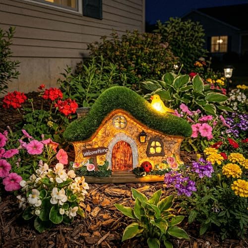 Resin Fairy House Statues with Solar Lights Outdoor for Garden Decor Funny Birds Ladybird Flocked Fairy House with Garden Figurine Patio Yard Lawn Decorations Gift for Mom Women (Green 1) - Image 2