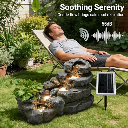 38.2" L Solar Water Fountain Outdoor Garden 5 Tiers Floor Standing Rock Natural Waterfall Outdoor Fountains with LED Lights and Planting Pot for Patio, Porch,Backyard,Home Art Decor - Image 5