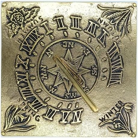 Brass Sundial Plate, Square 7 inches, Featuring the Four Seasons, Unlacquered Finish (Antique Brass) by Anatolica