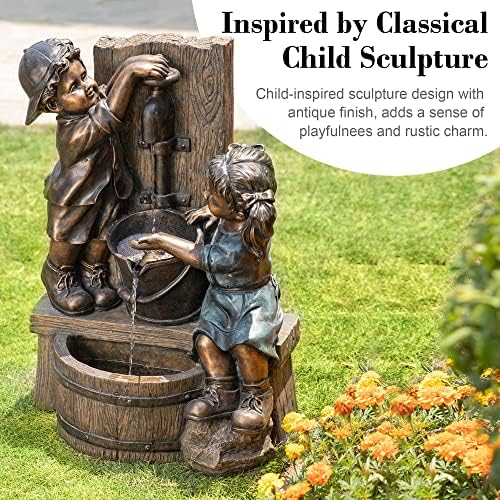 Glitzhome Outdoor Water Fountain with LED Light, Children Playing with Faucet Waterfall Fountains, Antique Bronze Resin Boy and Girl Statue Outdoor Waterfall Fountain for Patio Backyard Garden, 25”H - Image 5