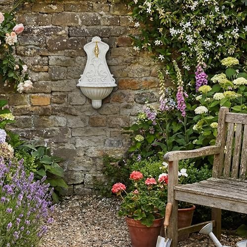 Relaxdays Wall Fountain, Antique Design, Basin & Tap, Water, for Garden & Patio, 42 x 24.5 x 11.5 cm, Cast Iron, White, Brass - Image 2