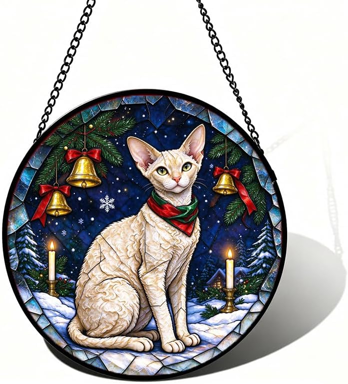 Stained Glass Window Hanging Cornish Rex Cat Suncatcher Gifts for Mom 9.8" by Unknown