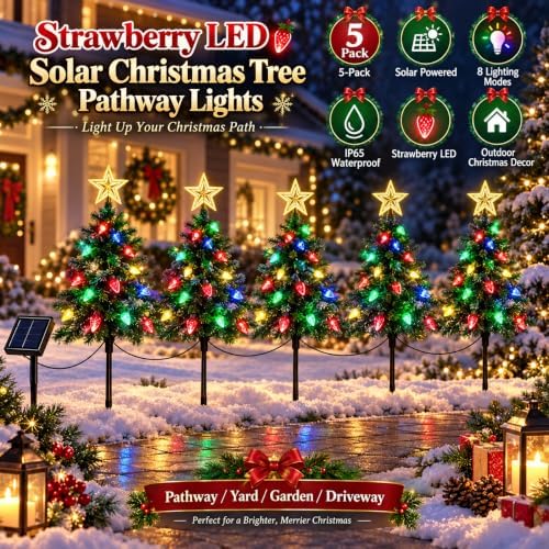 Solar Christmas Tree Pathway Lights, 5-Pack Strawberry LED - Image 2